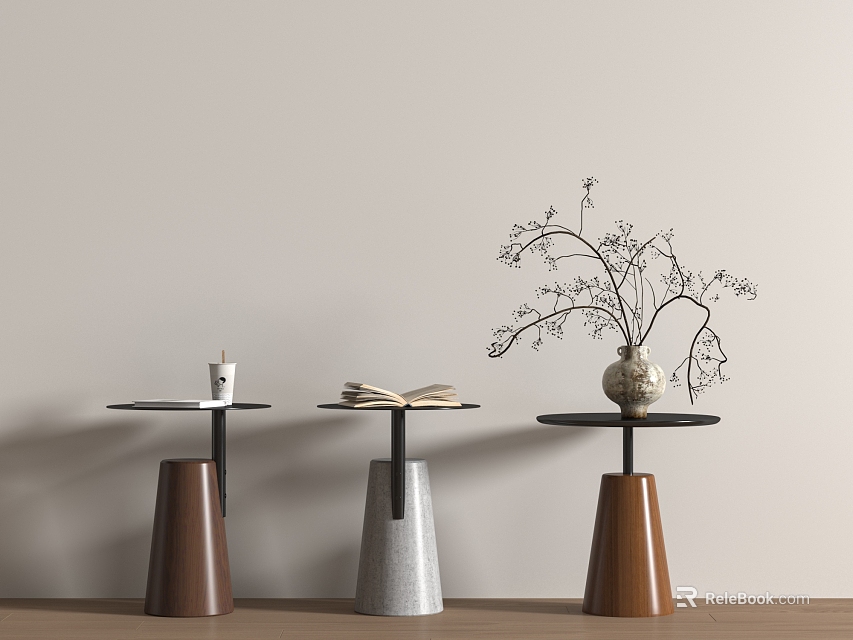 Stylish Side Tables with Conical Bases Black Round Tops Coffee Cup Open Book Twig Vase 3d model 