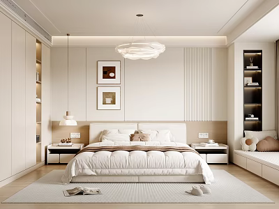 Modern Bedroom Design With King Bed Nightstands Chandelier Wall Art And Built in Bookshelves 3d model