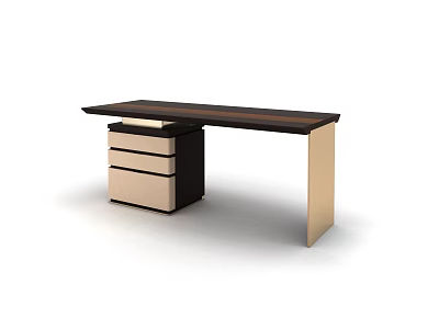 Modern Office Desk With Dark Wooden Top Three Beige Drawers And Gold Metal Legs 3d model