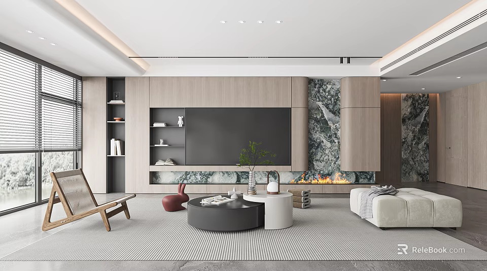 Modern Living Room Interior Design With TV Wall Marble Accents Sofa And Coffee Tables 3d model 