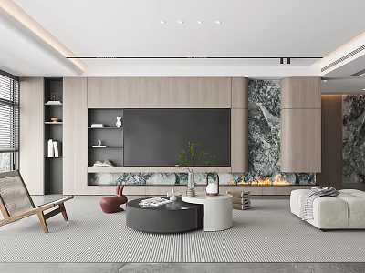 Modern Living Room Interior Design With TV Wall Marble Accents Sofa And Coffee Tables 3d model