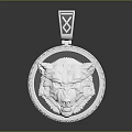 Intricate Silver Wolf Head Sculpture Pendant With Circular Decorative Border Detail