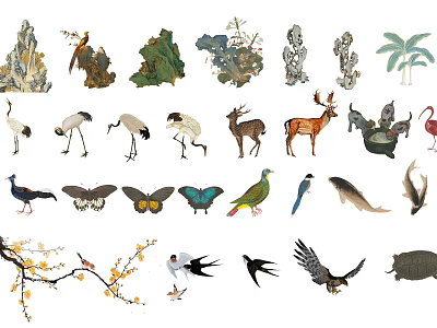 Traditional Chinese Ink Painting Elements With Animals Birds Plants And Nature Motifs 3d model