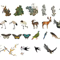 Traditional Chinese Ink Painting Elements With Animals Birds Plants And Nature Motifs