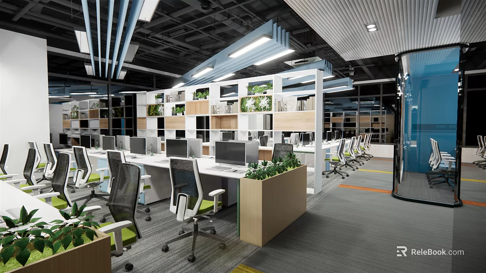Modern Public Office Space With Open Layout Desks Computers And Green Plants 3d model