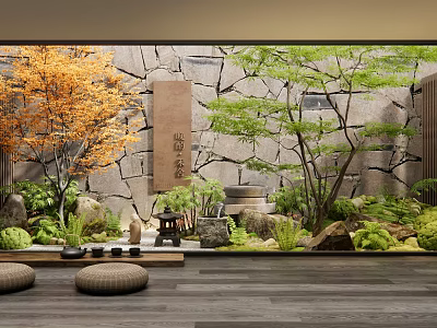 Traditional Courtyard Garden With Stone Wall Wooden Plaque Orange-Leaved Tree Lush Greenery And Stone Lantern 3d model