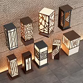 Various Designed Outdoor Lights With Wooden Metal Frames And Cutout Patterns For Courtyard Decor