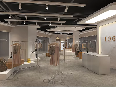 Modern Clothing Store Interior With Clothing Racks Dresses Display White Counter Lighting And Brand Logo 3d model