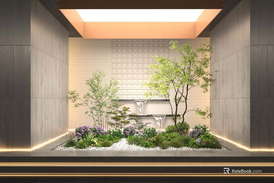 Indoor Mini Garden Design With Green Plants Small Trees Purple Flowers White Stones And Soft Lighting 3d model 