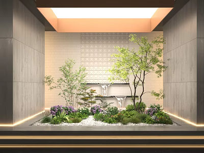 Indoor Mini Garden Design With Green Plants Small Trees Purple Flowers White Stones And Soft Lighting 3d model