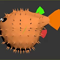 Cartoon Style Orange Puffer Fish With Spikes Green Fin And Black Eyes