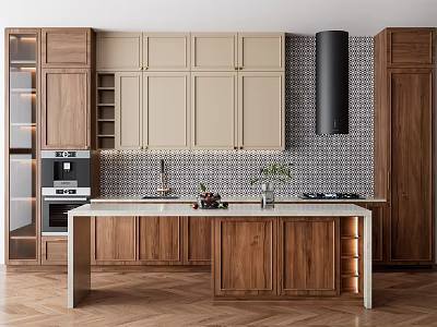 Modern Kitchen With Beige And Wooden Cabinets And Island Counter 3d model