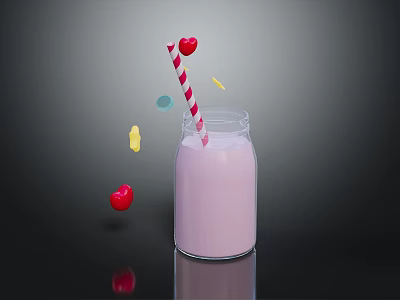Pink Milk in Glass Jar with Red and White Striped Straw and Heart Decorations 3d model