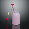 Pink Milk in Glass Jar with Red and White Striped Straw and Heart Decorations