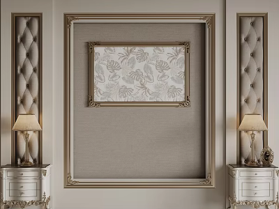 Elegant Bed Background Wall With Golden Frame Decorative Painting Tufted Panels And Bedside Table Lamps 3d model