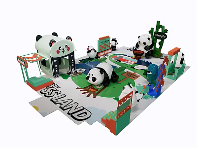 Pandaland Themed Kids Play Area With Cute Panda Figures And Green Decor 3d model