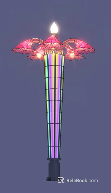 Colorful Striped Pole Outdoor Light With Petal Shaped Top And Illuminated Lights For Garden 3d model 
