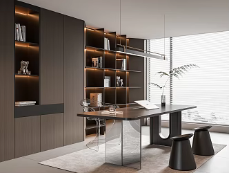 Modern Italian Study Desk Chair Bookcase Chandelier 3d model