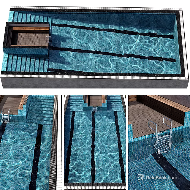 Beautiful Garden Pool Feature with Tiled Floor Steps Handrails and Wooden Deck Design 3d model 