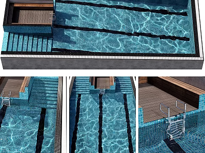 Beautiful Garden Pool Feature with Tiled Floor Steps Handrails and Wooden Deck Design 3d model
