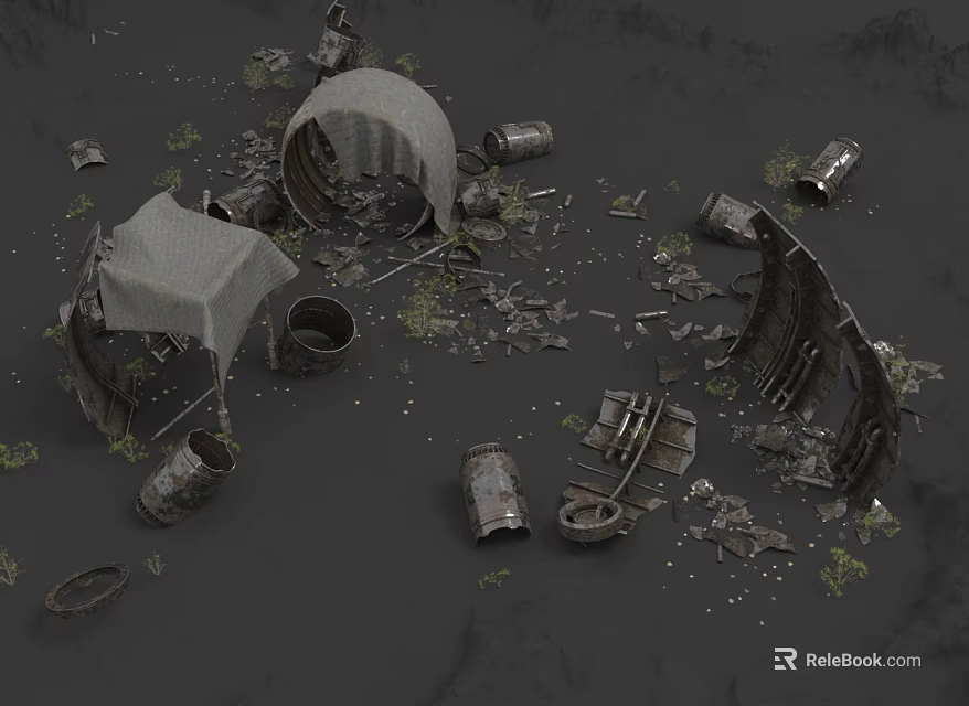 Ruined Scene Components With Broken Metal Parts Abandoned Barrels Tattered Cloth And Scattered Debris 3d model 