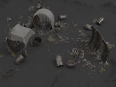 Ruined Scene Components With Broken Metal Parts Abandoned Barrels Tattered Cloth And Scattered Debris 3d model