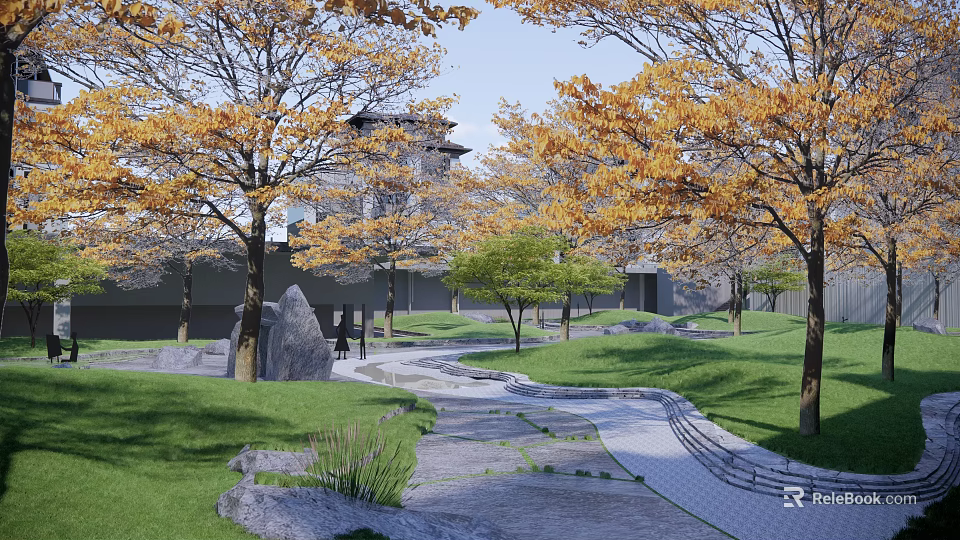 Autumn Park With Yellow Leaf Trees Green Grass Stone Path And Traditional Pavilion 3d model 