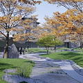 Autumn Park With Yellow Leaf Trees Green Grass Stone Path And Traditional Pavilion