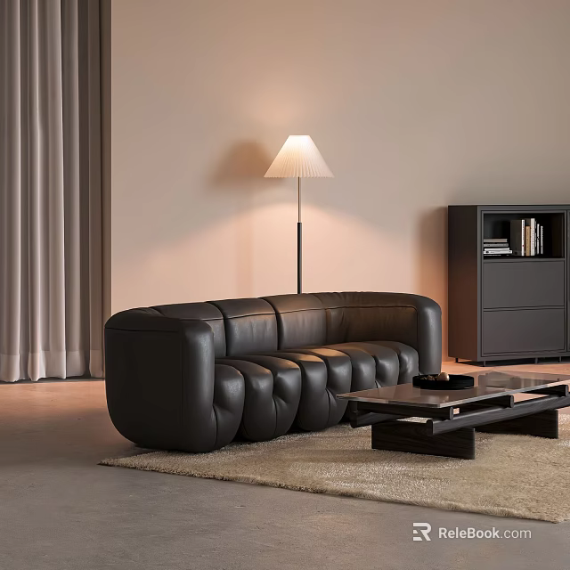 Modern Black Leather Two-Seater Sofa With Floor Lamp Cabinet Coffee Table And Rug 3d model 