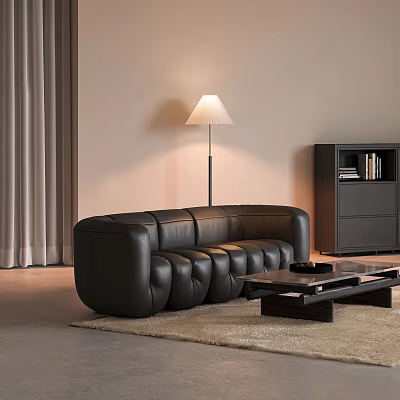 Modern Black Leather Two-Seater Sofa With Floor Lamp Cabinet Coffee Table And Rug 3d model