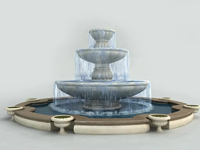 Three Tier Garden Fountain Ornament With Surrounding Flower Pots And Water Flow 3d model