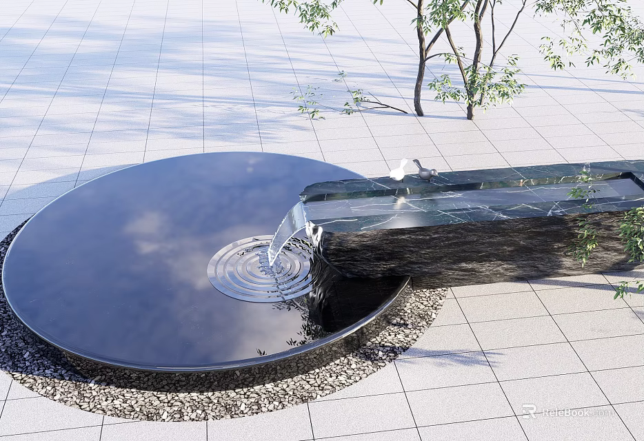 Garden Landscape With Circular Pool Flowing Water And Black Stone Slab 3d model 