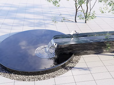 Garden Landscape With Circular Pool Flowing Water And Black Stone Slab 3d model