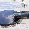 Garden Landscape With Circular Pool Flowing Water And Black Stone Slab