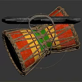 Traditional Musical Instruments And Art Supplies Featuring Painted Trident Pole With Red Green Drum Decor