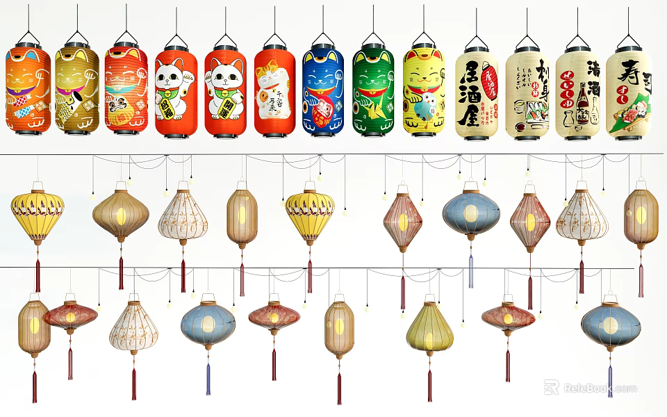 Colorful Hanging Outdoor Lanterns with Decorative Patterns Traditional and Modern Styles 3d model 