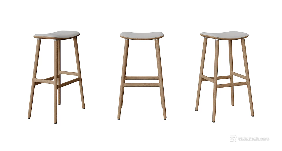 Three Simple Wooden Bar Stools With Round Seats And Slim Legs For Modern Kitchen Bar 3d model 