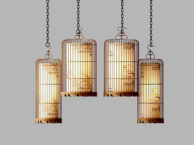 Four Elegant Birdcage Design Chandeliers With Intricate Patterns And Warm Lighting 3d model