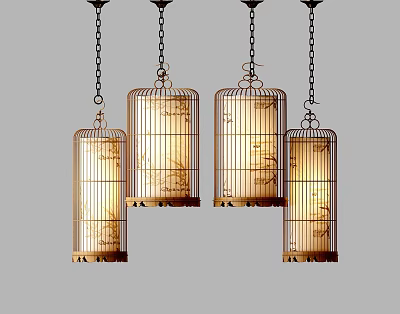 Four Elegant Birdcage Design Chandeliers With Intricate Patterns And Warm Lighting 3d model