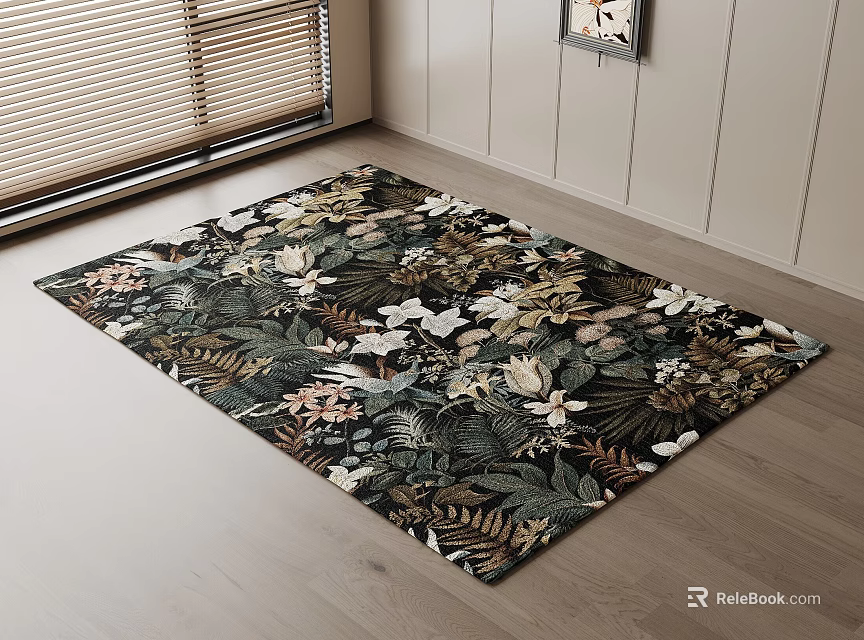 Square Area Rug With Floral And Leaf Patterns On Indoor Wooden Floor 3d model 