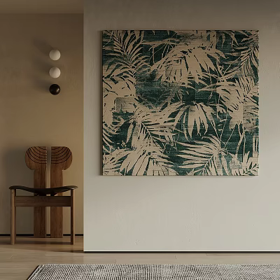 Botanical Painting With Tropical Leaves In Interior With Chair And Lights 3d model