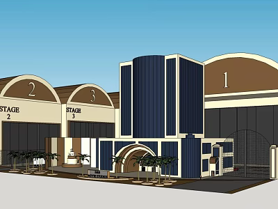 Modern Building Exterior With Stage Areas Arch Shapes Blue Beige Facades Plants Seating 3d model