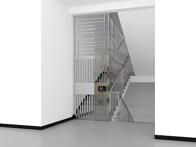 Bright Office Corridor With Staircase Metal Railing And Access Control System 3d model