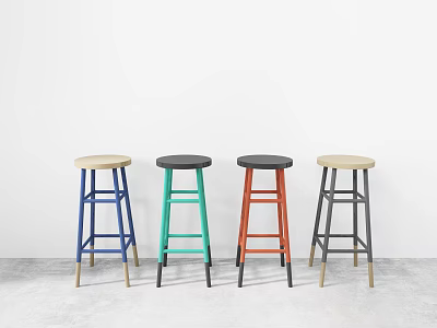 Set Of Four Stylish Bar Stools With Colorful Frames And Wooden Seats 3d model