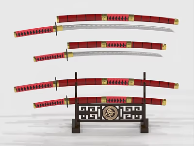 Samurai Swords with Red Handles and Gold Decorations on Black Ornate Stand 3d model