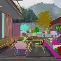 Modern Garden With Wooden Deck Dining Table Chairs Water Feature Lush Plants And Mountain View