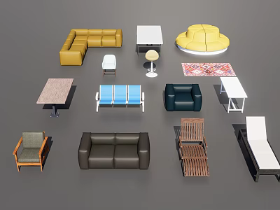 Multicolor Sofa Set with L shaped Round Two Seater Designs and Matching Tables Chairs 3d model