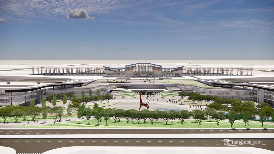 Birds Eye View Planning of Modern Transport Hub with Open Square Green Areas and Roads 3d model 