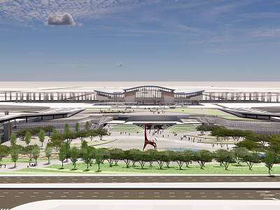 Birds Eye View Planning of Modern Transport Hub with Open Square Green Areas and Roads 3d model