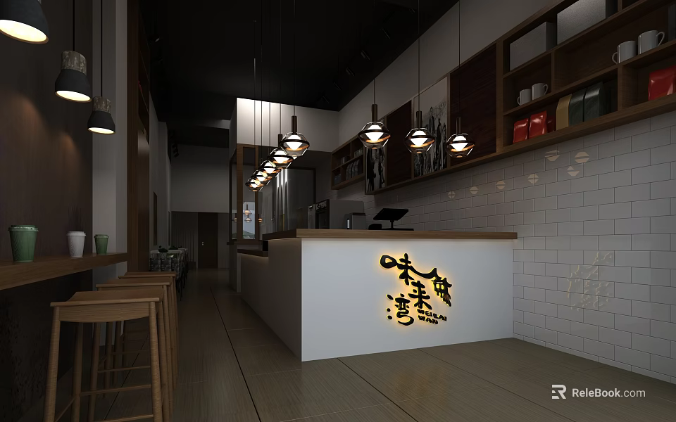 Warm Restaurant Interior Featuring Bar Counter Hanging Lights White Tile Walls And Wooden Stools 3d model 